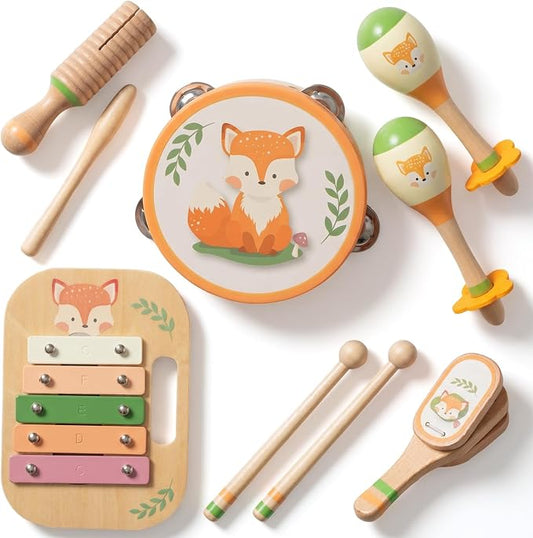 Wooden Musical Instruments Set for Toddlers, Natural Wood Percussion Instruments Xylophone Gift Set for Girls Boys Kids ,Preschool Educational Musical Toys with Storage Bag (Orange Set)