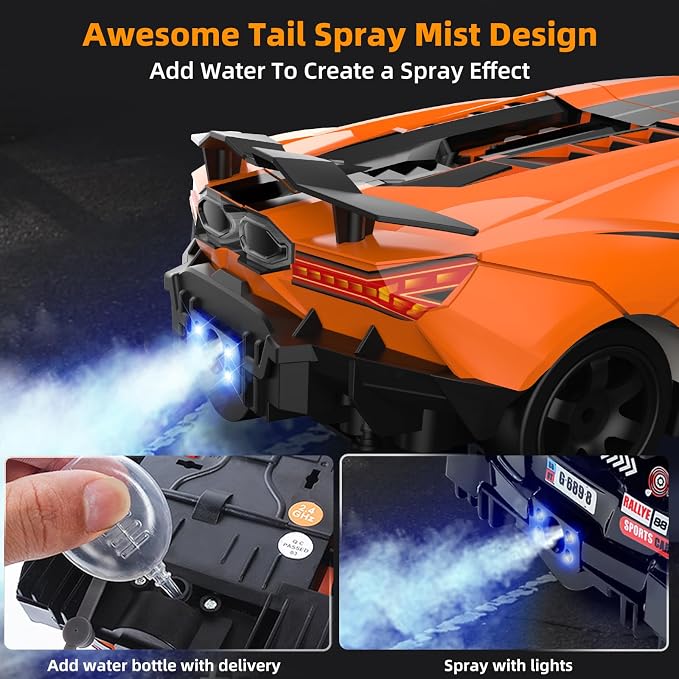 RC Drift Car, Drifting RC Car 2.4GHz 1:16 Remote Control Cars 4WD High Speed Racing Vehicle with LED Lights Two Batteries and Drifting Tires Sport Toy Cars for Adults Boys Girls Kids Orange
