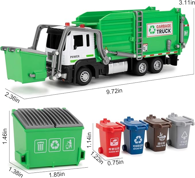 Kids Garbage Recycling Truck Toy, Green Pull-Back Truck Model with Sound & Light, Waste Sorting Learning Cards, Educational Toy, for 3-6 Year Old Boys Girls