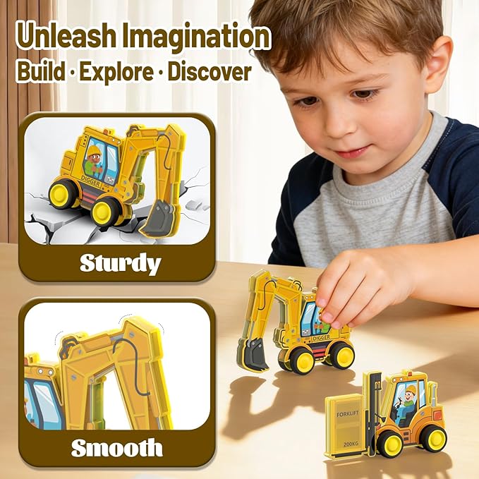 3D Construction Vehicle Toys for Kids Magnetic Tiles & Blocks, 5pcs Preschool STEM Educational Learning Toys Inc Excavator Bulldozer Forklift Dump Truck Digger Compat Magnet Tiles