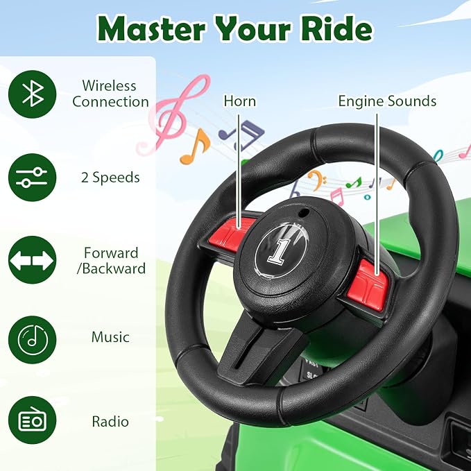 Costzon 24V Ride on Tractor with Detachable Trailer, Kids' Electric Vehicles with 3 Speeds, 15° Climbing, Wireless Design, Horn & Music, Remote Control Tractor Toy for Kids 3+,Gift (24V, Green)
