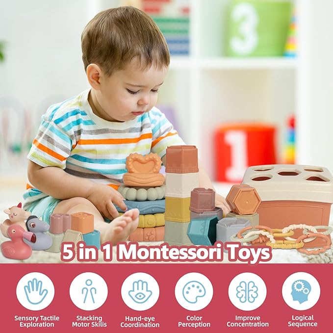 BYFWH Shape Sorter Toy for Toddler 1-3, Baby Stacking Toy with Nesting Cups, 5 in 1 Infant Learning Stackable Block for Sand & Bath Play, Birthday Gift for Girl Boy 9 Month