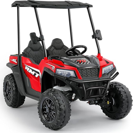 ELEMARA 24V Ride on Toy for Big Kid,Ride on Car 2 Seater w/Sun Shade,Dump Bed & Shovel,4.5MPH,4WD Electric Car for Kids,Battery Car w/Remote,Kids Ride on Truck,3 Speed,LED Lights,Bluetooth, Ruby