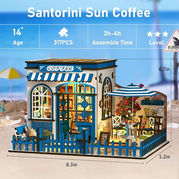 DIY Miniature House Kit, Coffee Shop Book Nook Kit, Mini Building Kit, Dollhouse Kit for Adults and Teens, 3D Wooden Puzzles with LED Light, Craft Kit for Family and Friends(Sunny Coffee Shop)