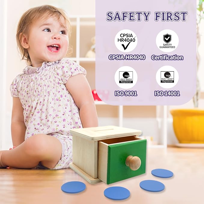 Montessori Wooden Coin Box with Drawer for Baby 18+ Months, Coin Sorter Fine Motor Toys for Kids, Motessori Classroom Learning & Educational Resources Toys Gifts