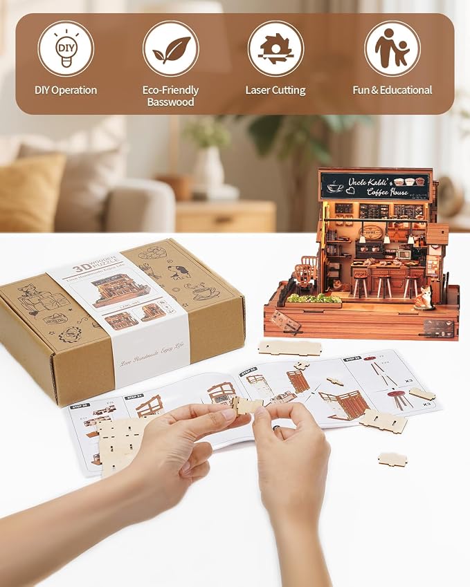 DIY Miniature House Kit Coffee Shop, DIY Miniature Dollhouse Kit with LED Music Light for Room Bookshelf Decor, Tiny House Crafts for Adults, Birthday for Men Women Teens