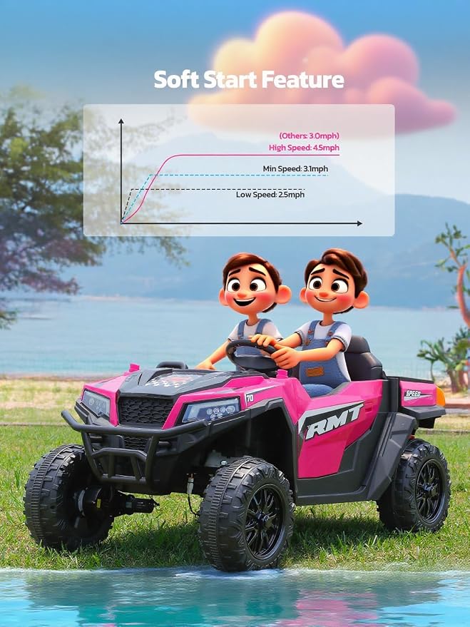 ELEMARA 24V Ride on Toy for Big Kids,Ride on Car 2 Seater w/Sun Shade,Dump Bed & Shovel,4.5MPH,4WD Electric Car for Kids,Battery Car w/Remote,Kids Ride on Truck,3 Speeds,LED Lights,Bluetooth, Pink