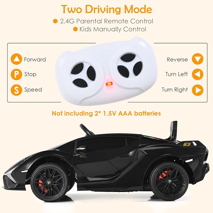 OLAKIDS Kids 12V Licensed Lamborghini SIAN Ride On Car, Electric Vehicle for Toddler with Control Remote, Battery Powered Toy with Music, Horn, 2 Speeds, Suspension, LED Lights, Bluetooth (Black)