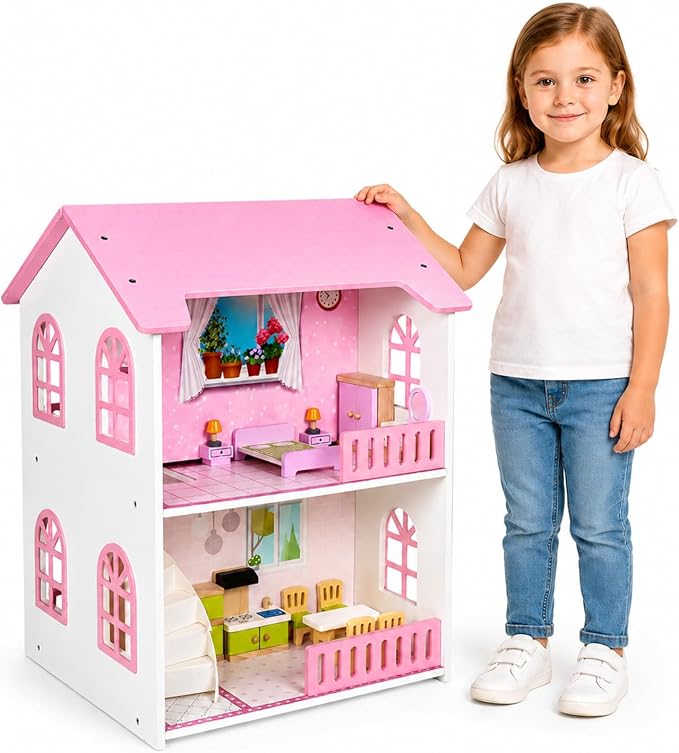 Doll House, Wooden Dollhouse for Girls, Two-Storey Pink Doll House with Furniture, Four Rooms, Pretend Play Toy, Creative Gift for Girls Aged 3+, Birthday Gift for Toddlers and Kids