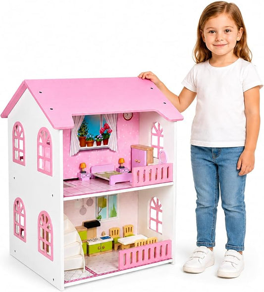 Doll House, Wooden Dollhouse for Girls, Two-Storey Pink Doll House with Furniture, Four Rooms, Pretend Play Toy, Creative Gift for Girls Aged 3+, Birthday Gift for Toddlers and Kids