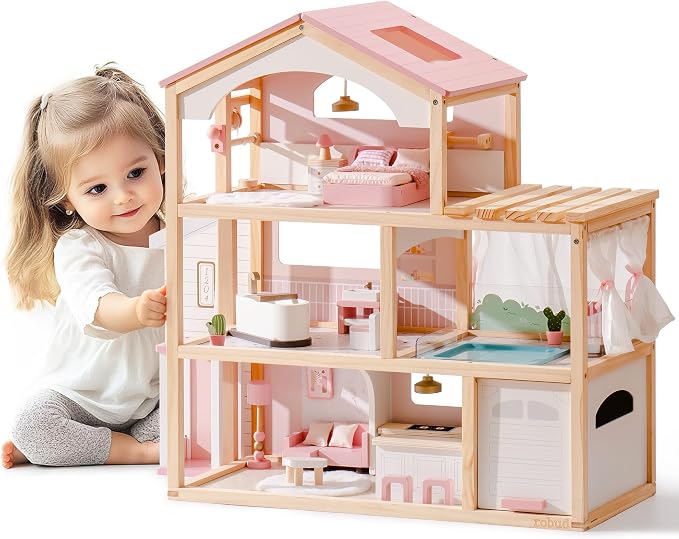 ROBUD Doll House, Wooden Dollhouse with 6 Rooms, 29-pcs Furniture Set, Working Elevator, Garage, Swimming Pool, Ideal Gift for Kids Ages 3+ (Pink)