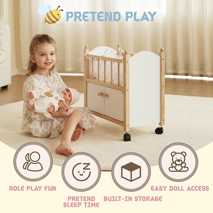 Freniland Wooden Doll Bed with Storage, Wheels & Bedding – Rolling Doll Crib with Built-in Storage for Toys, Pretend Play Doll Furniture for 18 Inch Dolls
