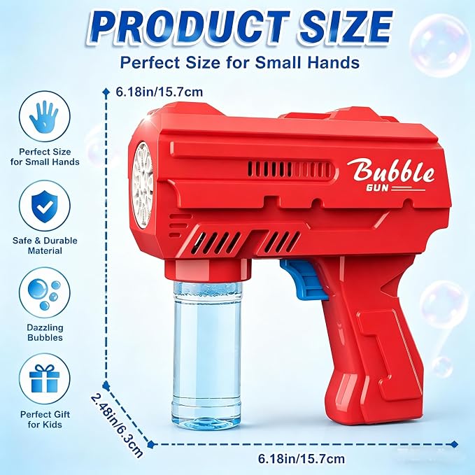 Bubble Gun for Kids 3-8, Automatic Bubble Blaster with LED Light & Refill Solution, Kids Bubble Machine Blower, Outdoor Toy for Birthday Party Wedding Easter Gift (Red)
