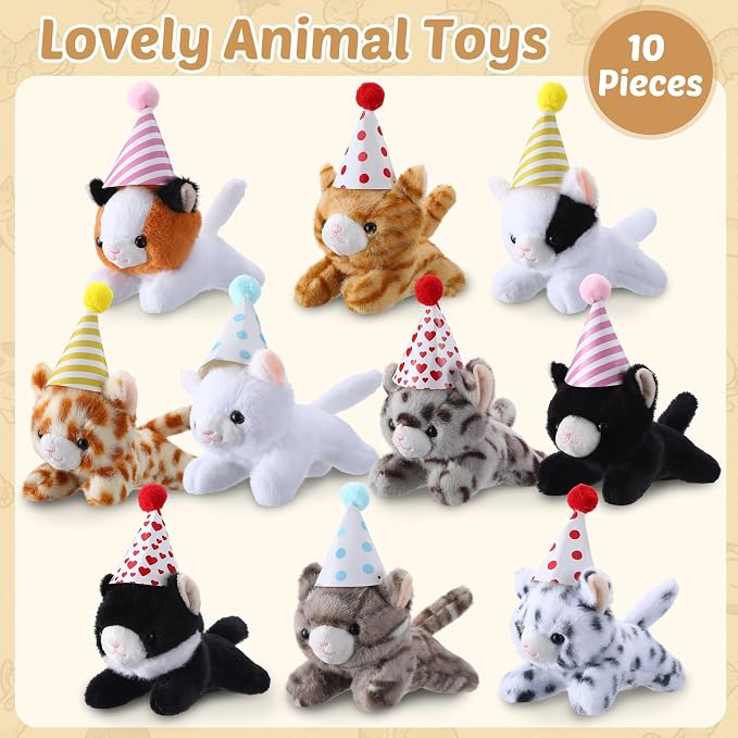 10 Set Kittens Stuffed Animals Bulk with 10 Birthday Hats 10 Kraft Paper Boxes Mini Plush Toys Small Stuffed Cat Pet Gifts for Kids, School Birthday Animal Decor(Prone Style)