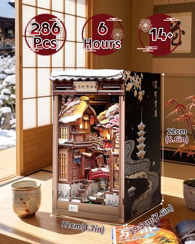 Cutefun DIY Book Nook Kit Kyoto Snow Whisper – Japanese Snow Scene 3D Wooden Puzzle Miniature Dollhouse Kit with LED Light, Bookshelf Insert Decor, Creative Gift for Adults, Teens & Book Lovers