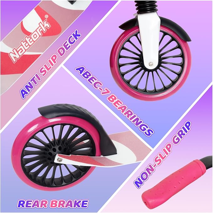 Nattork Kick Scooter for Age 6+ Kids Teens Adults, Max Load 240 LBS, Adjustable Height Foldable with 8" Large Wheels, Anti-Shock Suspension