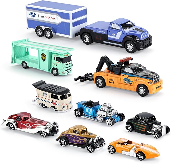 haomsj Car Toys for Kids 9 PCS Playsets Tow Truck Toy and City Carrier Vehicle,Transport Truck with Die Cast Metal Racing Cars for Boys and Girls Age 3-5 Years