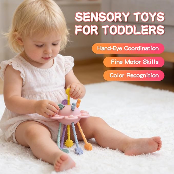 Food Grade Silicone Pull String Baby Toy, Montessori Pull String Sensory Toy (Pink)