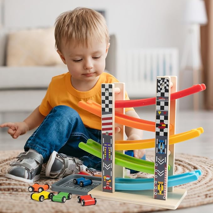 WOOD CITY Wooden Car Ramp Racer Toy Vehicle Set with 5 Mini Cars & Race Tracks, Toddler Toys Montessori Cars Toys Birthday Gift for Kids Boys and Girls