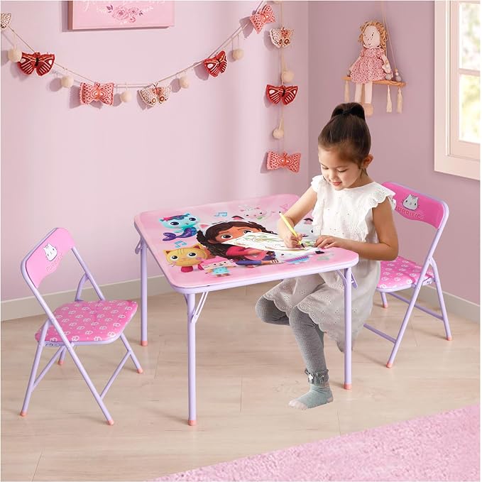 Gabby's Dollhouse 3 Piece Children's Activity Square Table and 2 Folding Chairs Set, Ages 3+
