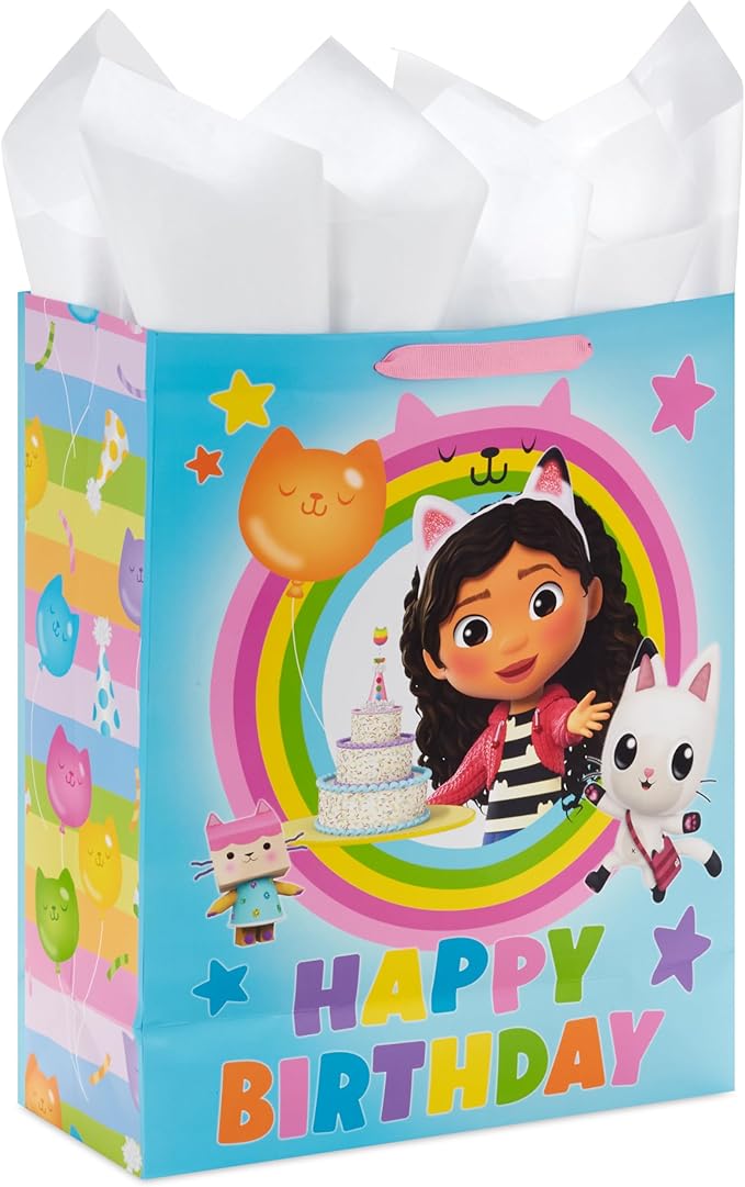Hallmark Gabby's Dollhouse 15" Extra Large Birthday Gift Bag with Tissue Paper (Blue and Pink Rainbow) for Kids, Grandchildren, Friends