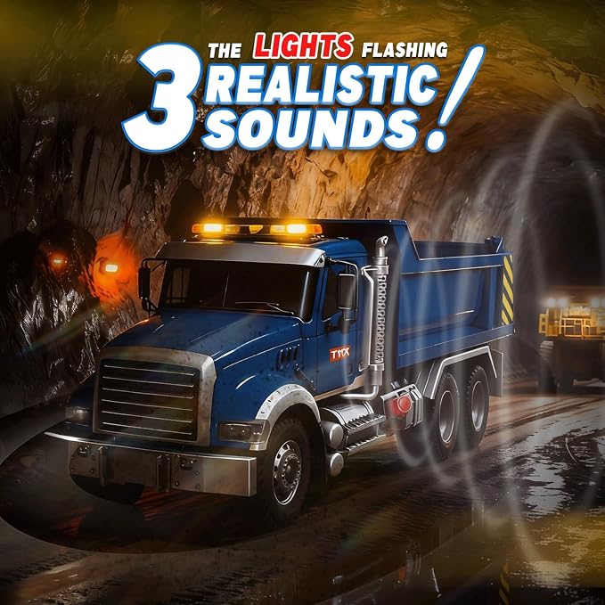 SMILESSKIDDO Dump Truck Toy - 1:12 Large Friction Powered Truck with Air Pump Function, Lights & Sounds, Boy Toys Age 3, Birthday Gift for 3 4 5 6 7 8 Years Old Boys Girls, Toys for Kids 3-5
