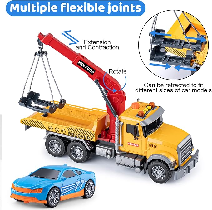 haomsj Big Tow Truck Toy with Car for 3+ Year Old Boys Friction Power Crane Transport Truck with Light Sound Toy Truck for Kids Ages 3-7 Birthday Toys for Boys (1:18 Plastic Tow Truck)
