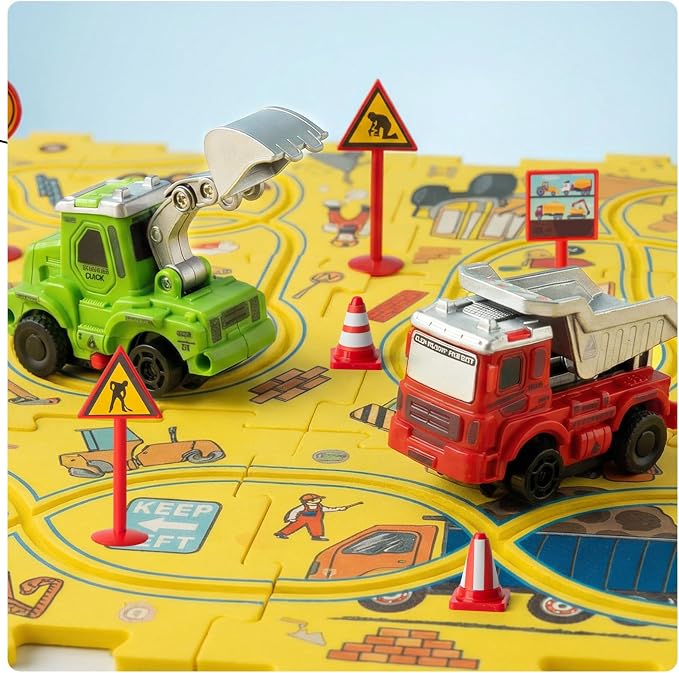 Plastic Puzzles for Kids Ages 3-5 with Toy Cars (Excavator + Dump Truck), Gift Toys for 3 4 5 6 Year Old Boys Girls, Toddler Puzzle Track Car Play Set, Critical Thinking Educational Toys