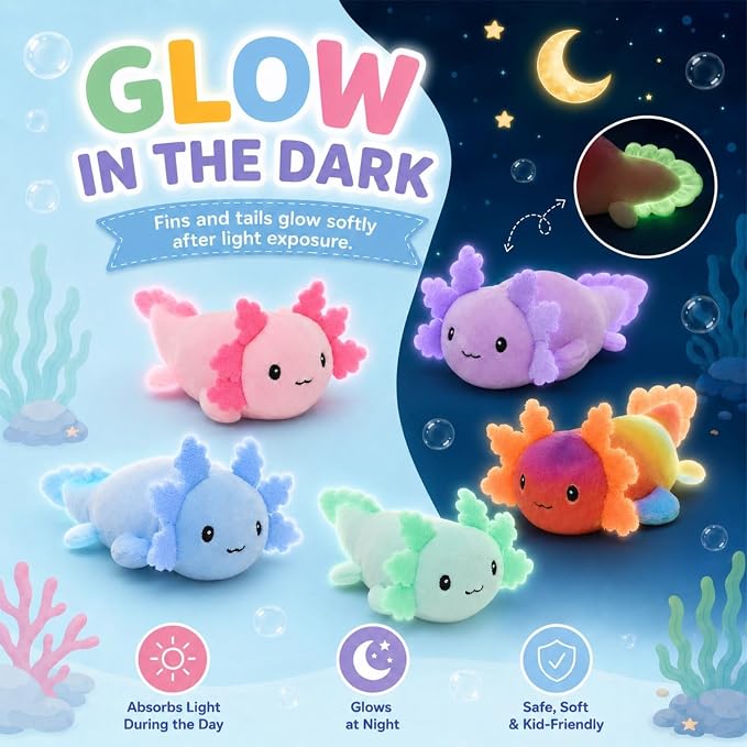 Tezituor 5 Pack Glow in The Dark Axolotl Plush Toys, 6 Inch Mini Stuffed Axolotl with Luminous Fins and Tails, Soft Cute Salamander Plush Set for Kids, Party Favors, Birthday Gifts, Classroom Prizes