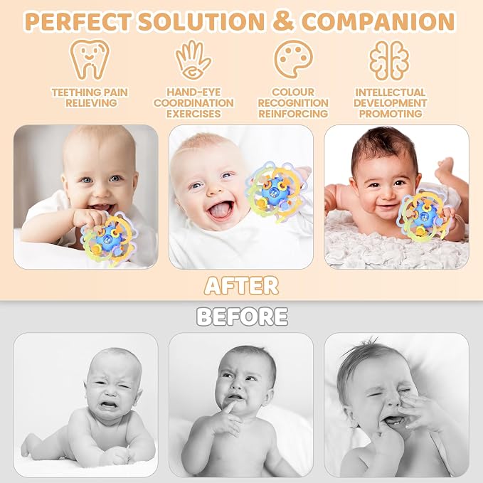 Baby Rattle Teething Toys, Baby Ball Teether Toys for 0 3 6 9 12 18 Months, Silicone Montessori Teethers with Rattle Ball for Newborn Infant, Sensory Delopmental Gift for Boys Girls, Blue