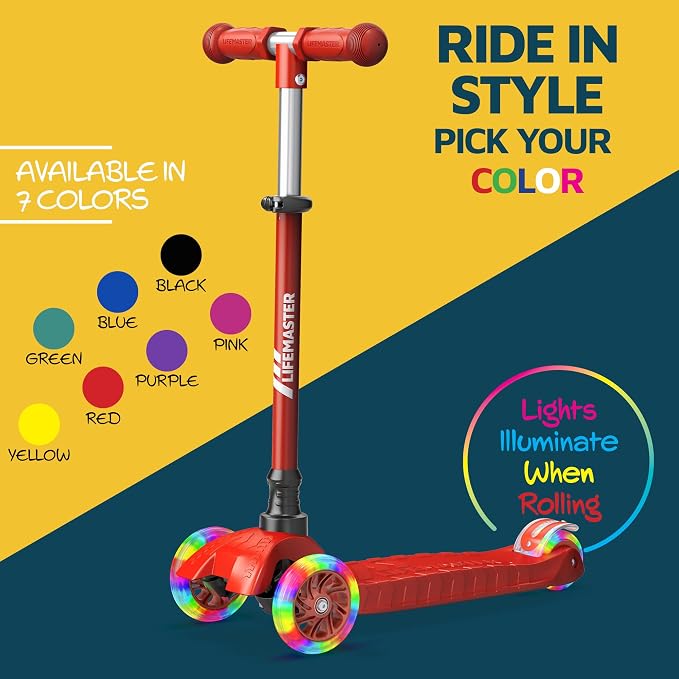 Lifemaster Mini 3-Wheel Kids Scooter with Multi-Color Wheel Lights – 4-Height Adjustable Handlebar, Wide Anti-Slip Deck, Child Safety Certified, Boys & Girls Ages 2+ Supports Up to 110 lbs