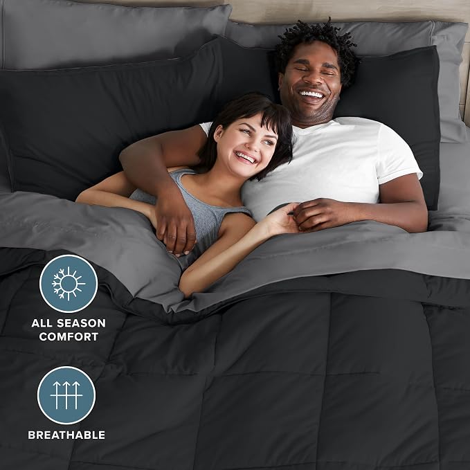 Bare Home Bed-in-A-Bag 7 Piece Comforter & Sheet Set - King - Goose Down Alternative - Ultra-Soft 1800 Premium - Bed Set (King, Black/Grey)