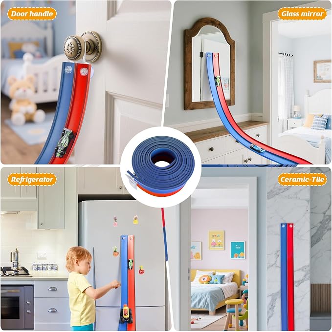 Flexible Race Car Track 15 Ft Starter Set with Suction Cups Compatible with Diecast 1/64th Car for Ages 3 & Up Classic Blue and Red Double Track Long Rolls Up Portable Racetrack