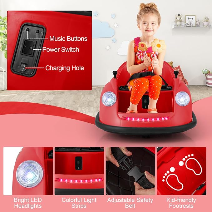 Costzon Bumper Car for Toddler, 12V Electric Kids Ride on Bumper Car with Remote Control, 360 Degree Spin, LED Lights, Music, Battery Powered Baby Bumping Toy Gift for Toddlers 2-5 Years Old (Red)