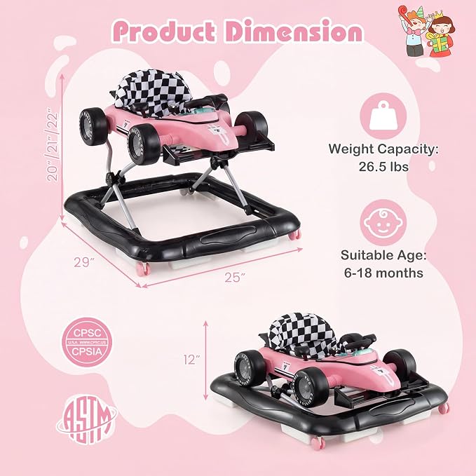 BABY JOY 4-in-1 Baby Walker, Foldable Activity Walker with Push Mode, Adjustable Height, Lights, Anti-Rollover, Baby Walker with Wheels for Boys Girls 6-18 Months (Pink)