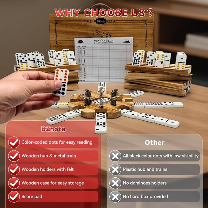 Mexican Train Dominoes Set with 8 Charcoal-burned Wooden Holders & Hub, Double 12 Dominos Set Colored Dot 91 Tiles in Vintage Wooden Case, Travel Dominos Set Metal Trains for Adults Family Game