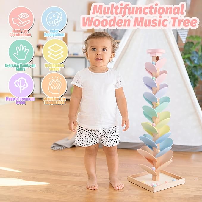 Wooden Marble Run Ball Drop Montessori Toys for Toddlers 4-8 Boys Girls Kids Wood Music Tree Marble Ball Run Game 3-5 8-12 Years Old Learning Color Sorting Sensory Toys Birthday Gift (Height: 28")