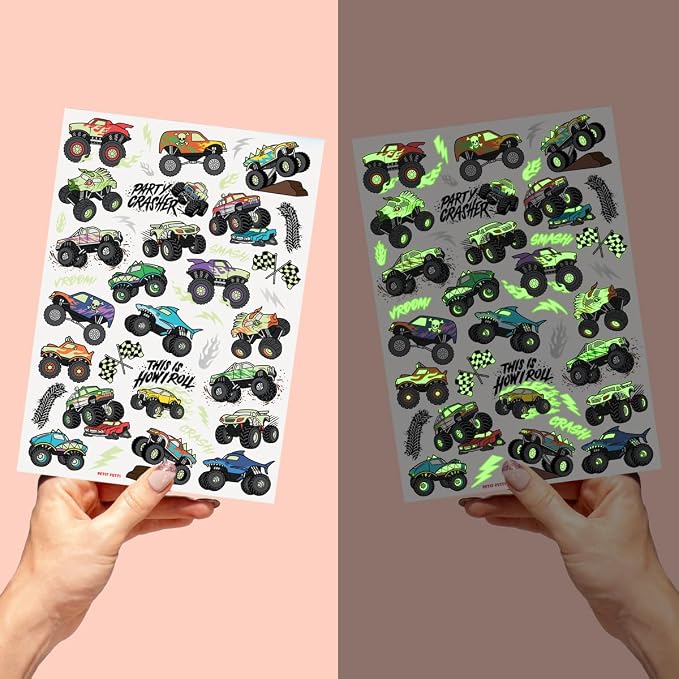 xo, Fetti Glow In The Dark Monster Truck Temporary Tattoos - 50 Foil Styles | Truck Birthday Party Decorations, Boys Pick Up Truck Party Favors, Race Car Temp Tats, Kids Arts and Crafts Supplies