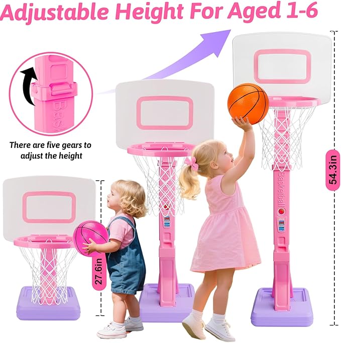 Basytodio Toddler Pink Basketball Hoop Indoor for Age 1-3, Adjustable Kids Basketball Hoop Goal, Mini Pool Outdoor Basketball Hoop with 3 Balls, Toddler Toys Age 1 2 3 4 Year Old Girls Birthday