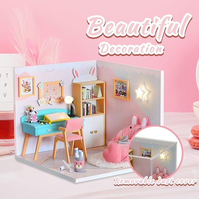 Kisoy Dollhouse Miniature with Furniture Kit, DIY 3D Wooden DIY House Kit A Corner of a Small Apartment Style with Dust Cover & LED,Handmade Tiny House Toys for Kids Adults Gift (Study Room)