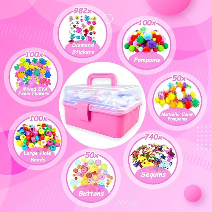 3000 Arts and Crafts Supplies for Kids Craft Kit All in 3 Layered Craft Box with Pipe Cleaners Crafts for Kids Age 4-6, 6-8, 8-12 DIY School Supplies Materials Set Toys Gifts for Girls Boys, Red