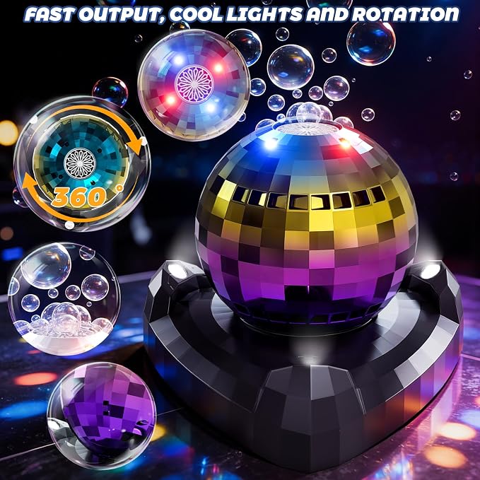 Bubble Machine, Automatic Bubble Blower Maker with 360° Rotating Turntable and LED Lights, Disco Ball Bubble Machine Summer Kids Toys for Weddings Birthdays Party Indoor Outdoor Backyard Camping
