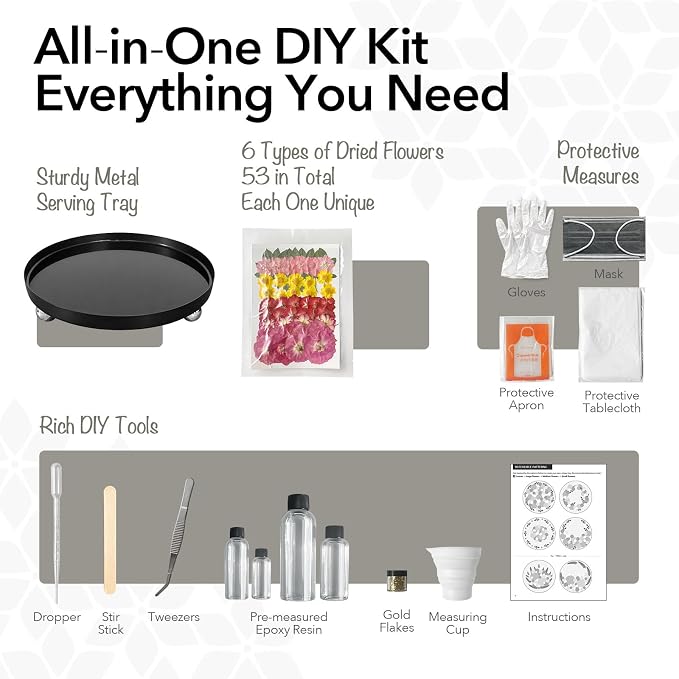 Auraeve All-in-One Resin Tray Craft Kit for Adults, Beige-Basic, 9.8" | 55Pcs Real Flowers, 10OZ Epoxy Resin, Metal Tray, Gift for Craft Lovers, Trinket Organizer, Décor