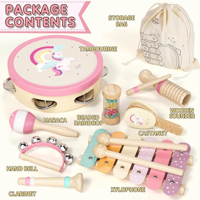 Baby Musical Instruments for Toddlers 1-3, Montessori Wooden Toys for 1 Year Old, Xylophone Maracas Percussion Set with Storage Bag, Learning Toys for Boys Girls Age 2-4, Christmas Birthday Gift, Pink
