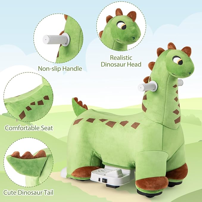 OLAKIDS Ride on Toys, 6V Electric Battery Powered Electric Ride on Dinosaur with Music, Padded Seat, Forward, Foot Pedal, Wheels, Riding Horse Toy for Boys Girl Aged 3+