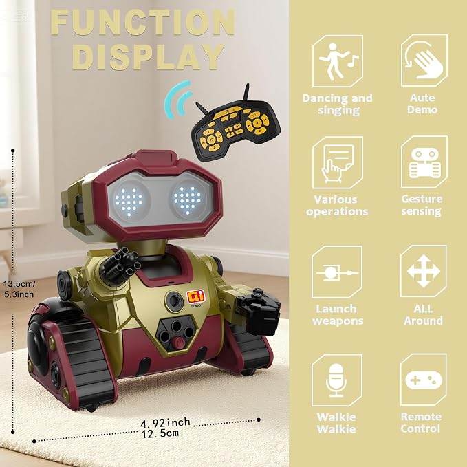 BYTEWAR Interactive Smart Robot Toys, Rechargeable Remote Control Emo Robot with Learning Gesture Sensing, Auto-Demonstration, Music and Dance, Shining LED Eyes, Birthday Gift for Kids(Gold)
