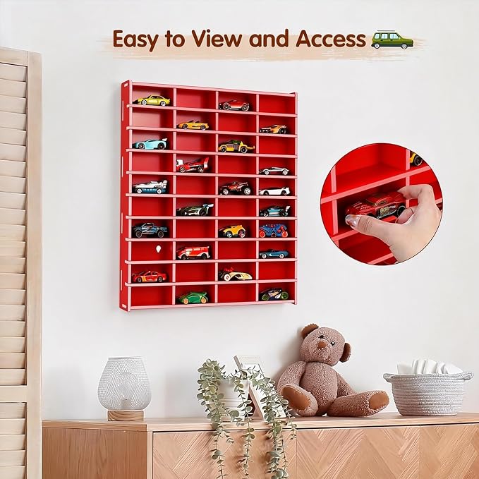 Krafetto Toy Car Display Shelf, Holds 40 Diecast 1/64 Toys Car, Wall Mount Model Cars Storage Organize Case (red 1/64 Toy Car Display Shelf)