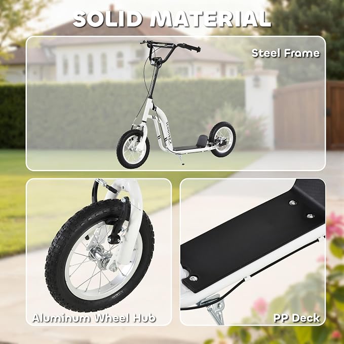 Aosom Kick Scooter with Dual Caliper Brakes, Big Wheels Kick Scooter for Ages 5+, 12-Inch Inflatable Front Wheel, Max Load 220lbs