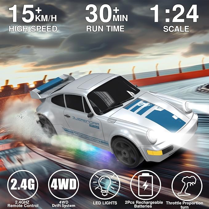 Remote Control Car RC Drift Car 2.4GHz 1:24 4WD 15KM/H High Speed Racing Sport Car with LED Lights Drifting Tire Racing Sport Toy for Adults Boys Girls Kids Gift 2Pcs Rechargeable Batteries