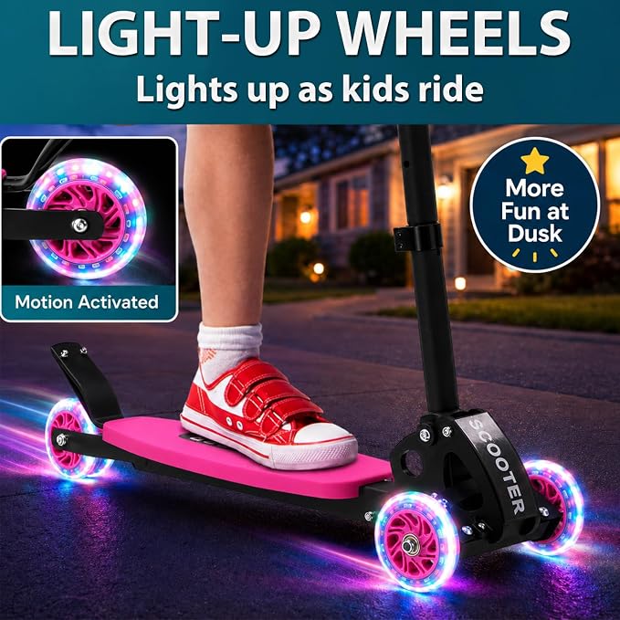 Kids Kick Scooter for 3-12,Lean-to-Steer 3 Wheel Scooter for Beginners with Light-Up Wheels,3 Adjustable Handlebar 27.5"–33",6-Inch Wide Deck,Rear Foot Brake,Foldable Scooter for Boys & Girls
